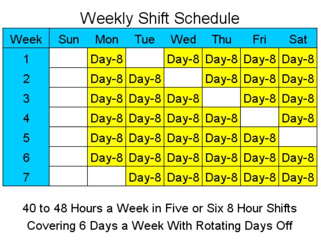 8 Hour Shift Schedules for 6 Days a Week